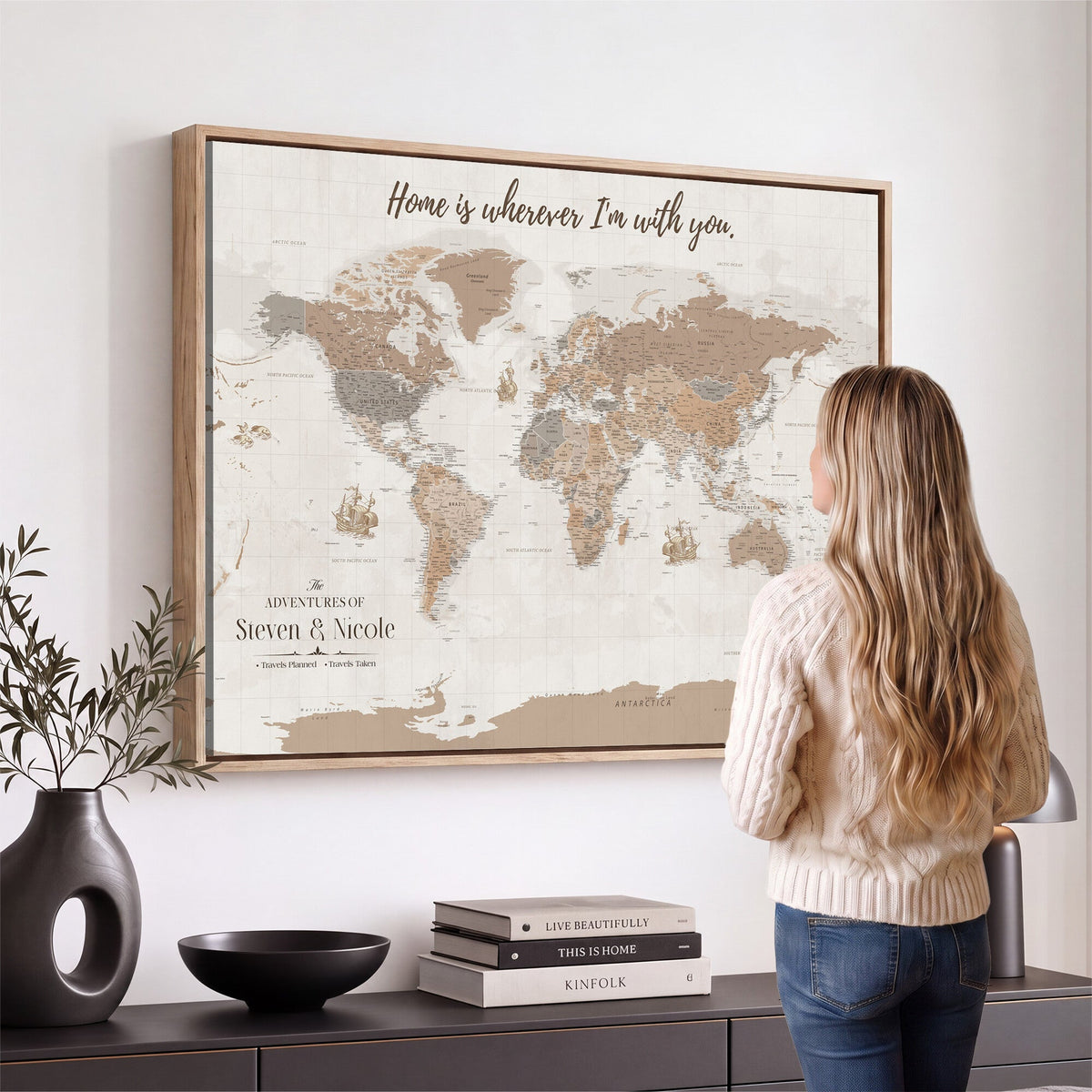 25831578-MGV-CV-36X24 - Custom Push Pin World Map Wall Art Canvas Print | Personalized Travel Tracker with Pins Framed Large for Home and Office Decor