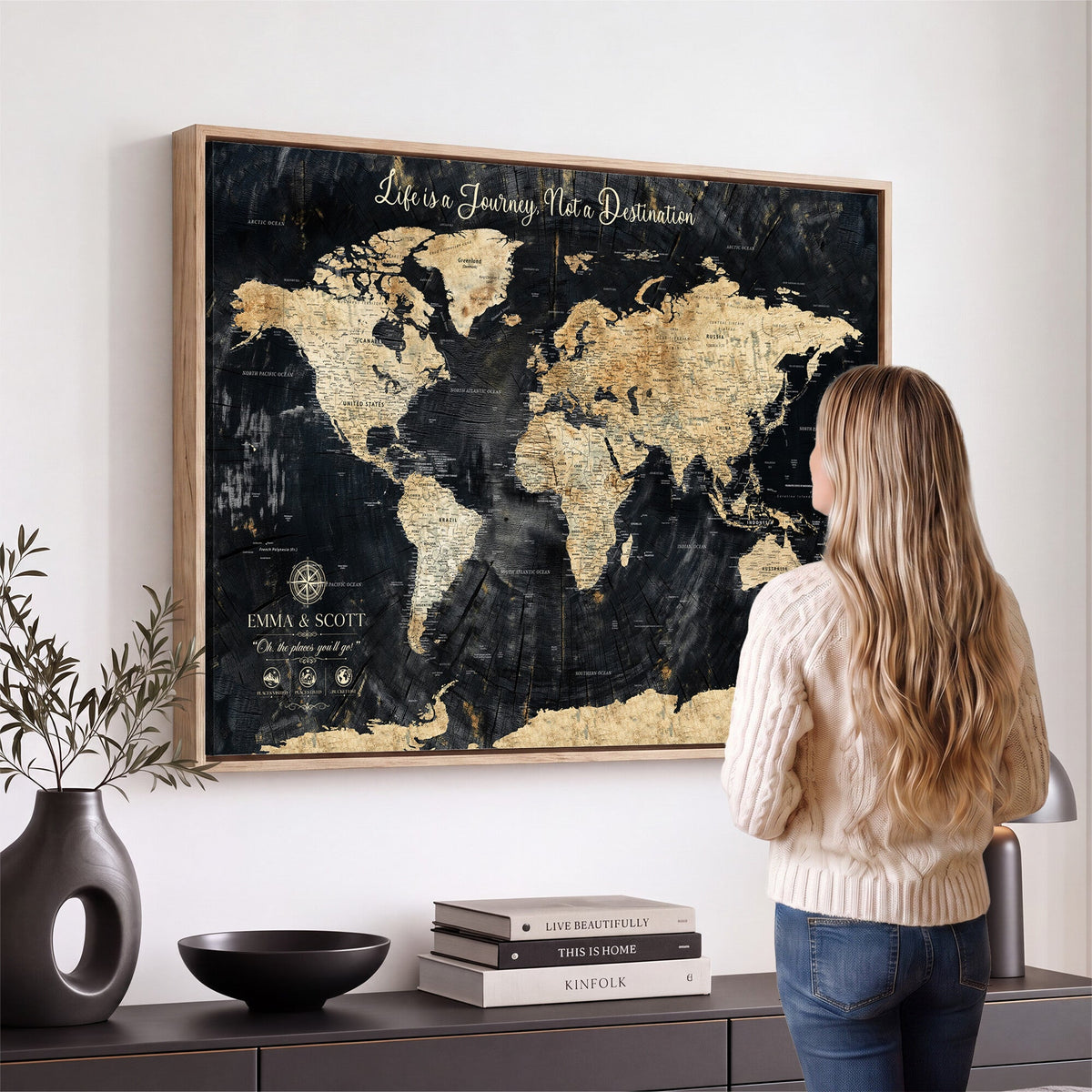 Personalized Framed Navy Modern Push Pin World Map Canvas Print, Couples Countries Visited Map, Family Room and Study Decor