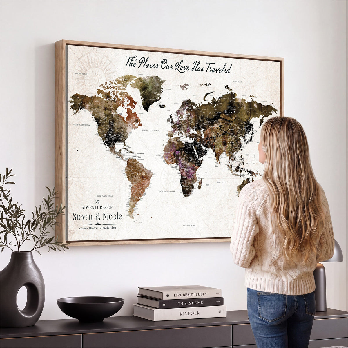 34345515-MGV-CV-36X24 - Custom Push Pin World Map Wall Art Canvas Print | Personalized Travel Tracker with Pins Framed Large for Home and Office Decor