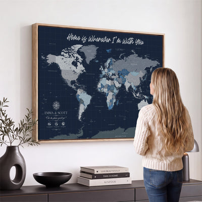 NEWMAP-18-MGV-CV-36X24 - Custom Push Pin World Map Wall Art Canvas Print | Personalized Travel Tracker with Pins Framed Large Print - NEWMAP-18
