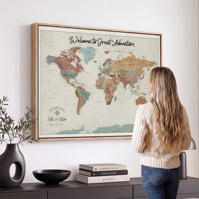 Custom Beige Push Pin World Map Canvas Print, Bucket List Map, Dining Room and Home Office Decor