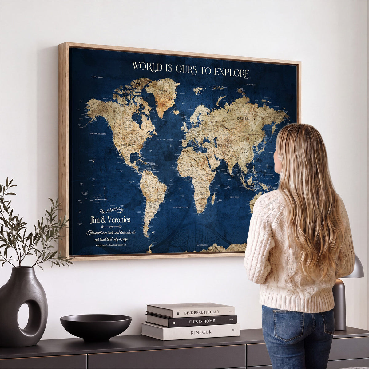 35296308-MGV-CV-36X24 - Custom Push Pin World Map Wall Art Canvas Print | Personalized Travel Tracker with Pins Framed Large for Home and Office Decor