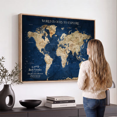35296308-MGV-CV-36X24 - Custom Push Pin World Map Wall Art Canvas Print | Personalized Travel Tracker with Pins Framed Large for Home and Office Decor