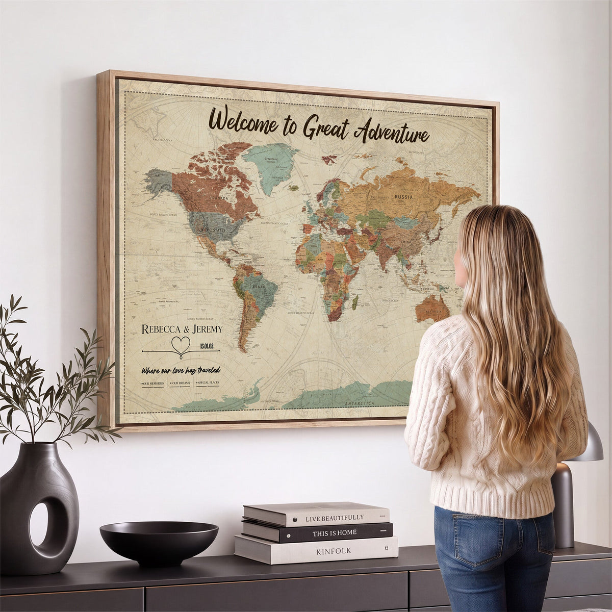 Large Personalized Beige Minimalist Push Pin World Map Wall Art, Next Trip Planner Map, Bedroom and Home Office Decor