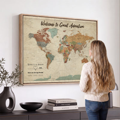 Large Personalized Beige Minimalist Push Pin World Map Wall Art, Next Trip Planner Map, Bedroom and Home Office Decor