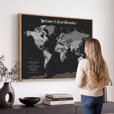 Custom Framed Navy Vintage World Map Canvas with Push Pins, Next Trip Planner Map, Entryway and Hallway Decor