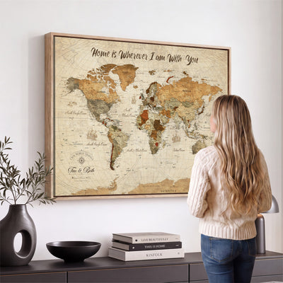 Personalized Framed Black Modern Push Pin World Map Wall Art, Couples Countries Visited Map, Dining Room and Hallway Decor