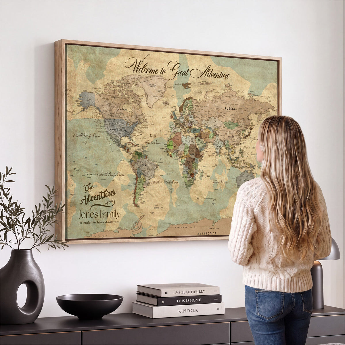 Personalized Framed Navy Vintage Push Pin World Map Wall Art, Places Visited Tracker, Bedroom and Hallway Decor