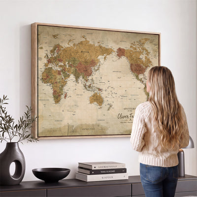 Personalized Framed Navy Modern World Map Canvas with Push Pins, Bucket List Map, Living Room and Entryway Decor