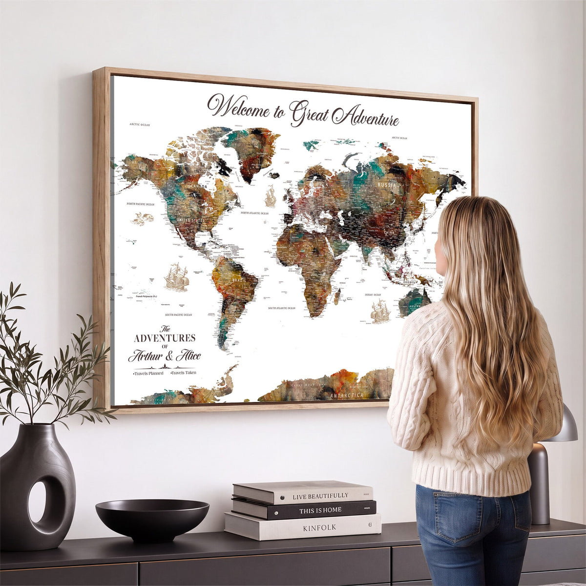 Custom Framed Beige Modern Push Pin World Map Wall Art, Couples Countries Visited Map, Study and Entryway Decor