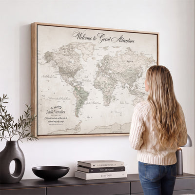 84311132-MGV-CV-36X24 - Personalized Beige World Map Canvas with Push Pins, Places Visited Tracker, Family Room and Entryway Decor