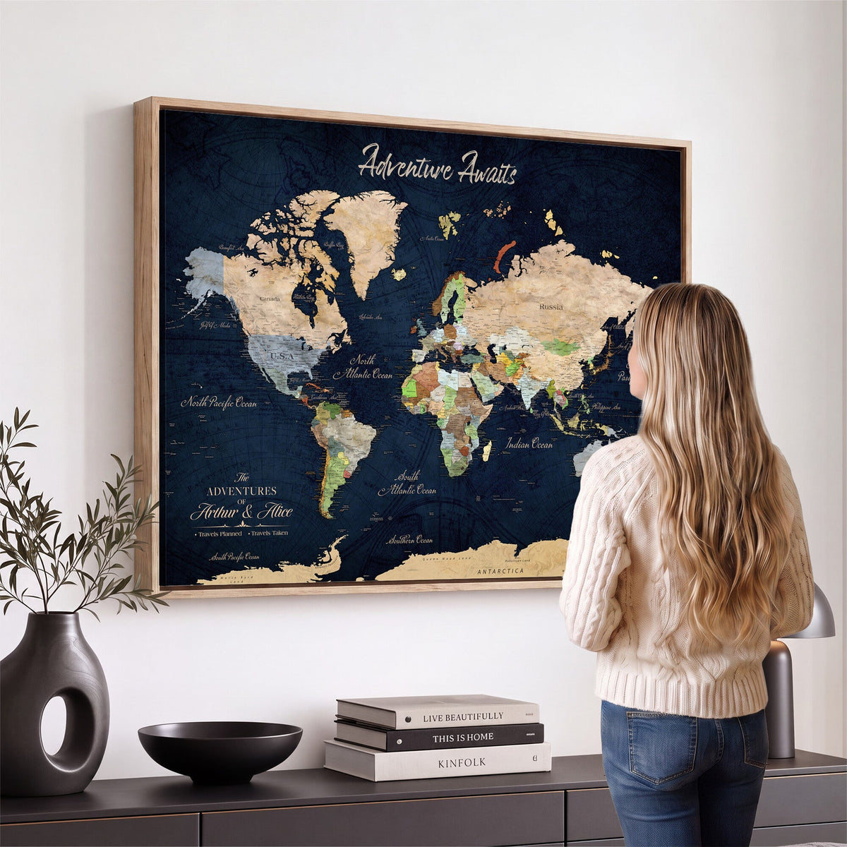 Personalized Beige Antique Push Pin Travel Map Canvas Print, Bucket List Map, Dining Room and Entryway Decor