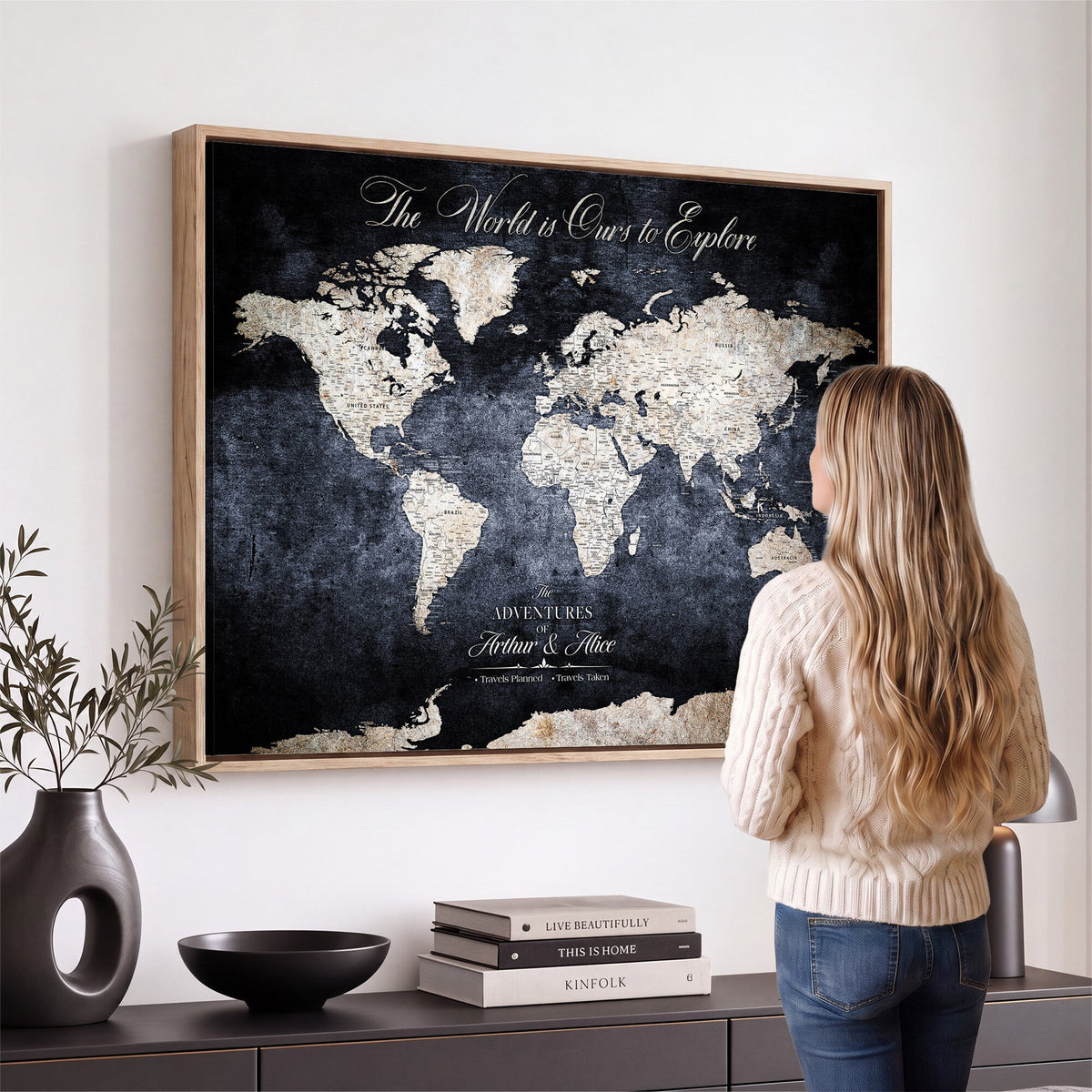 Personalized Beige Modern Push Pin Travel Map Canvas Print, Places Visited Tracker, Study and Entryway Decor