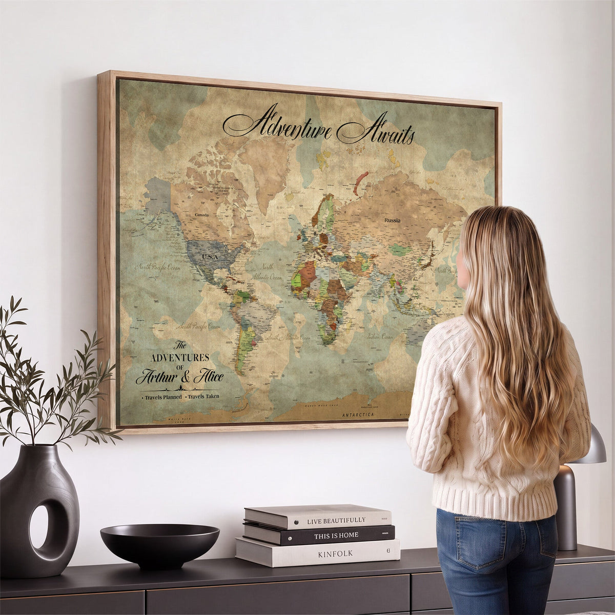 Custom Beige World Travel Map Wall Art with Pins, Bucket List Map, Dining Room and Study Decor