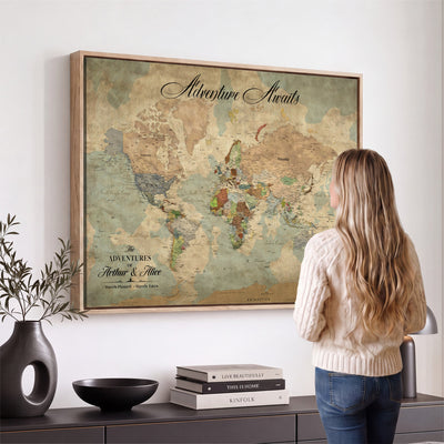Custom Beige World Travel Map Wall Art with Pins, Bucket List Map, Dining Room and Study Decor