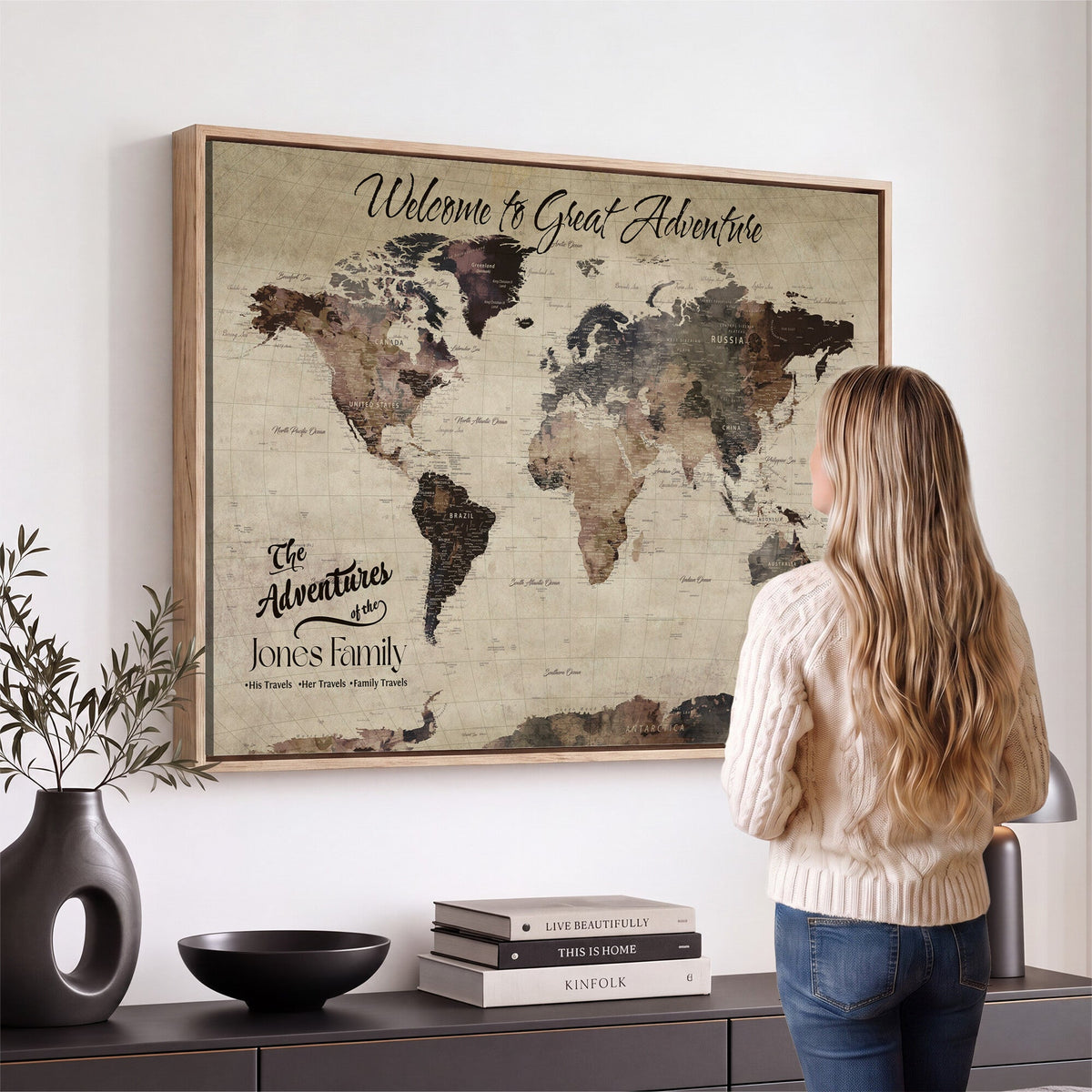 Custom Beige Modern Push Pin World Map Wall Art, Honeymoon and Anniversary Gift, Dining Room and Study Decor