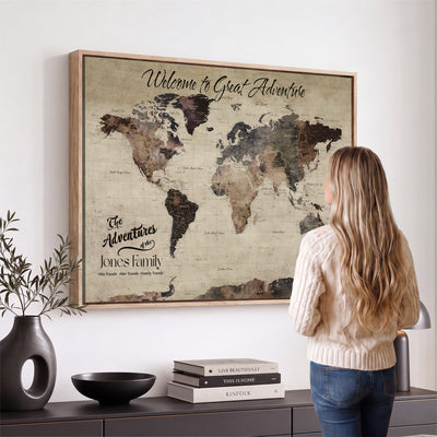 Custom Beige Modern Push Pin World Map Wall Art, Honeymoon and Anniversary Gift, Dining Room and Study Decor