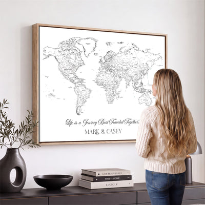 Personalized Framed Beige Modern Push Pin Travel Map Canvas Print, Couples Countries Visited Map, Living Room and Family Room Decor