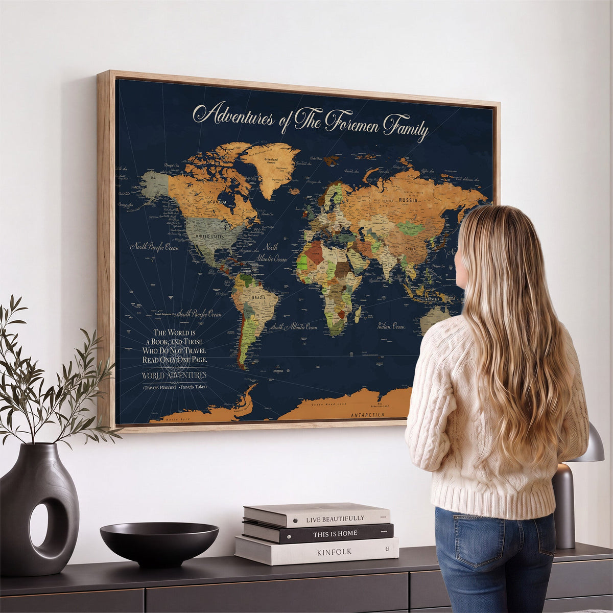 84352304-MGV-CV-36X24 - Custom Push Pin Travel Map Canvas Print, Honeymoon and Anniversary Gift, Living Room and Dining Room Decor