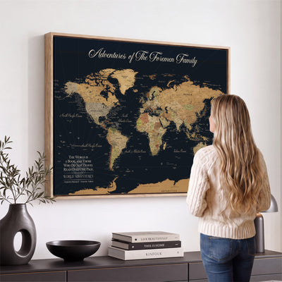 Personalized White Minimalist World Travel Map Wall Art with Pins, Places Visited Tracker, Entryway and Hallway Decor