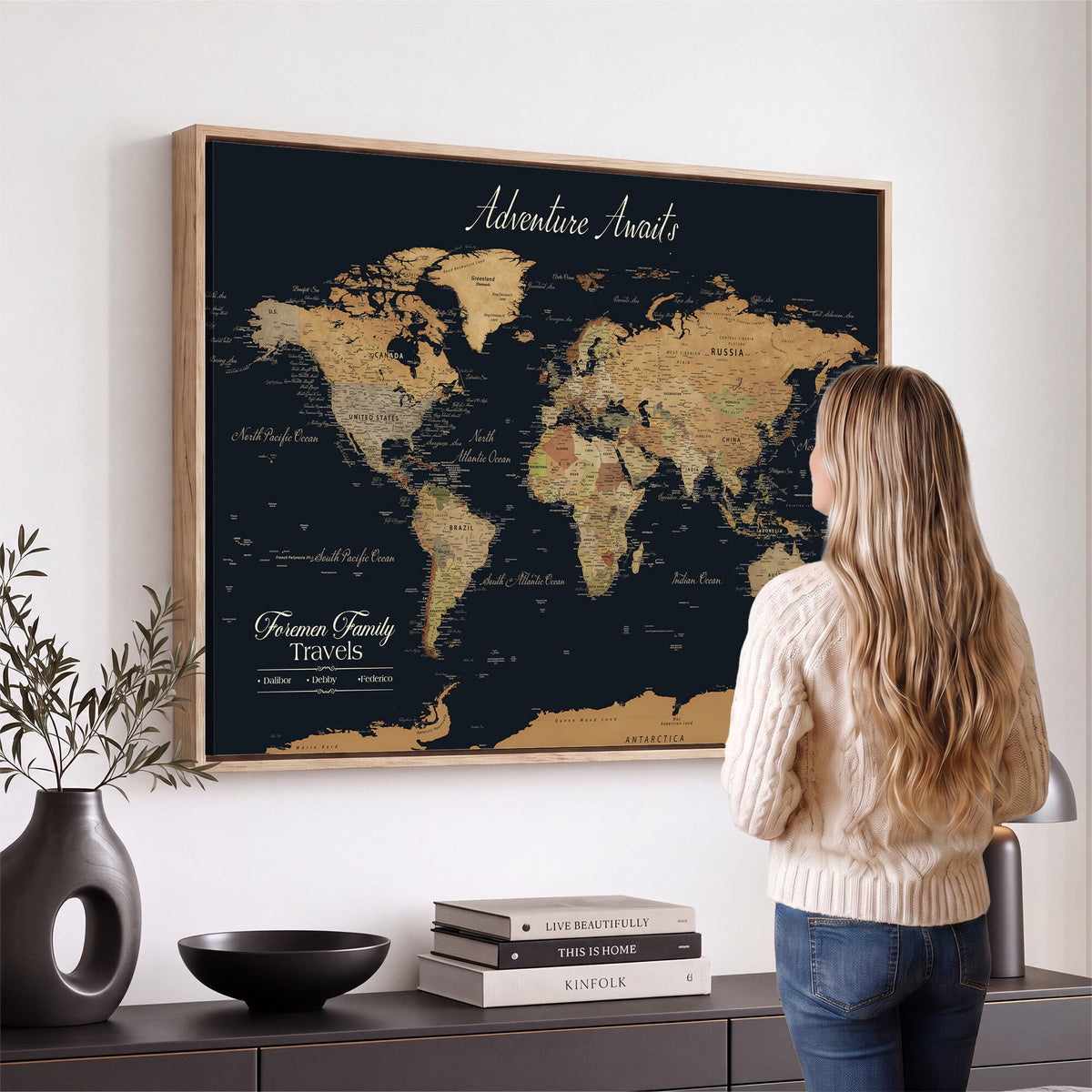 Personalized Framed Beige Geometric Family Push Pin World Map Canvas Print, Next Trip Planner Map, Family Room and Entryway Decor