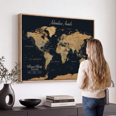 Personalized Framed Beige Geometric Family Push Pin World Map Canvas Print, Next Trip Planner Map, Family Room and Entryway Decor