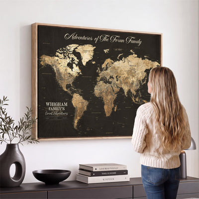 Personalized Framed Beige World Travel Map Wall Art with Pins, Couples Countries Visited Map, Family Room and Dining Room Decor