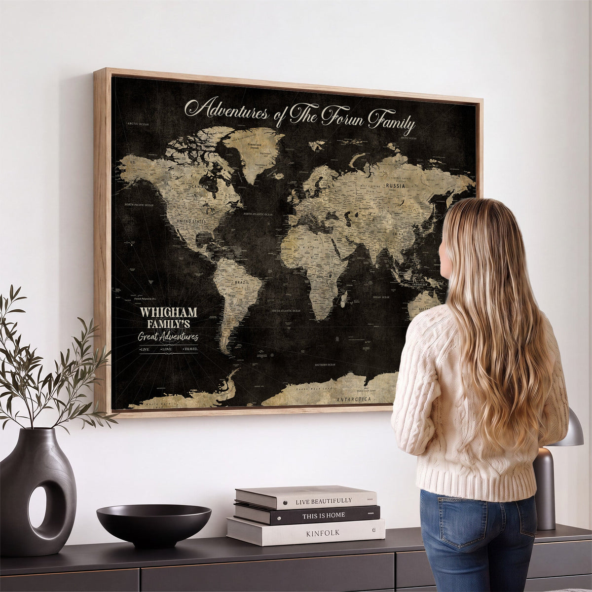 Personalized Framed Black Modern World Map Canvas with Push Pins, Next Trip Planner Map, Dining Room and Home Office Decor