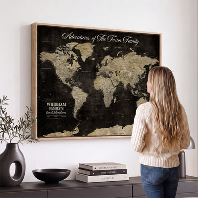 Personalized Framed Black Modern World Map Canvas with Push Pins, Next Trip Planner Map, Dining Room and Home Office Decor