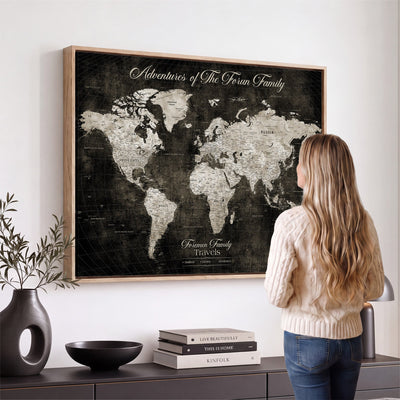 Personalized Framed Beige Push Pin World Map Canvas Print, Couples Countries Visited Map, Dining Room and Study Decor