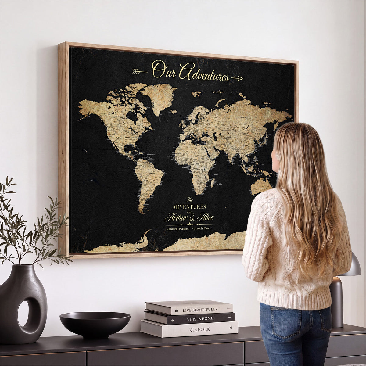 Personalized Framed Beige Push Pin World Map Canvas Print, Family Travel Tracker, Bedroom and Home Office Decor