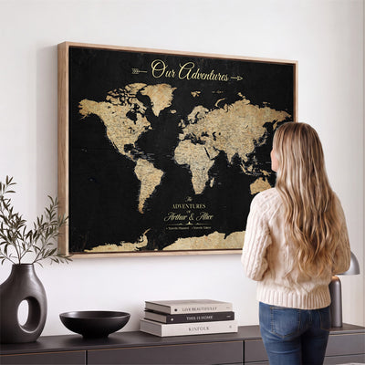 Personalized Framed Beige Push Pin World Map Canvas Print, Family Travel Tracker, Bedroom and Home Office Decor