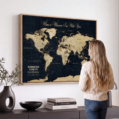 Personalized Framed Beige Geometric Push Pin World Map Wall Art, Couples Countries Visited Map, Bedroom and Hallway Decor