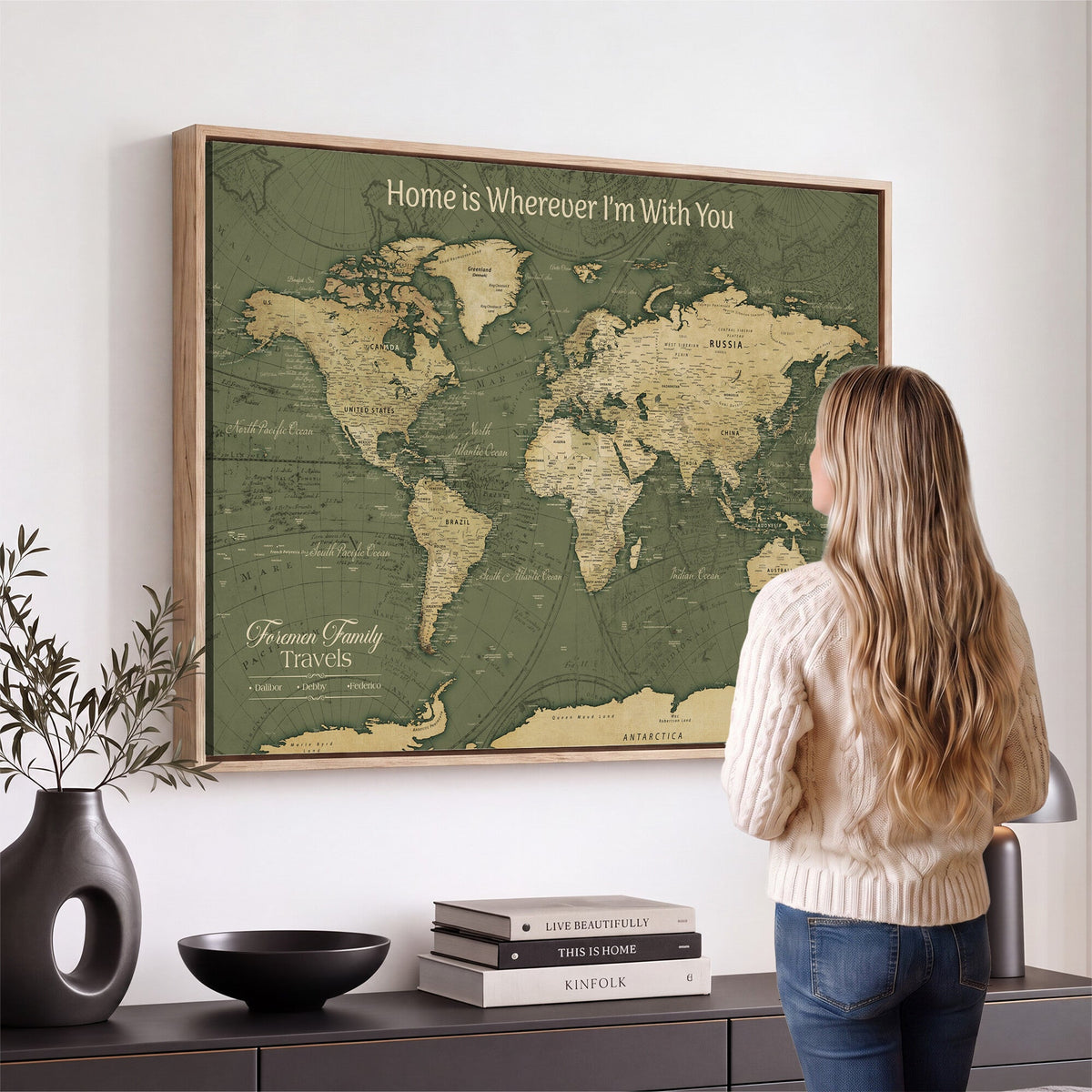 31715895-MGV-CV-36X24 - Custom Push Pin World Map Wall Art Canvas Print | Personalized Travel Tracker with Pins Framed Large for Home and Office Decor
