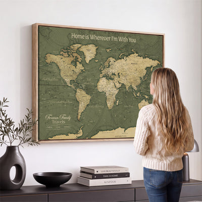 31715895-MGV-CV-36X24 - Custom Push Pin World Map Wall Art Canvas Print | Personalized Travel Tracker with Pins Framed Large for Home and Office Decor