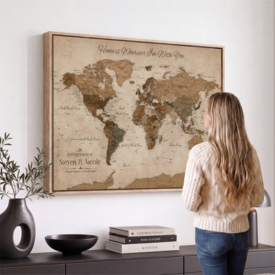 Personalized Framed Beige World Map Canvas with Push Pins, Honeymoon and Anniversary Gift, Living Room and Hallway Decor