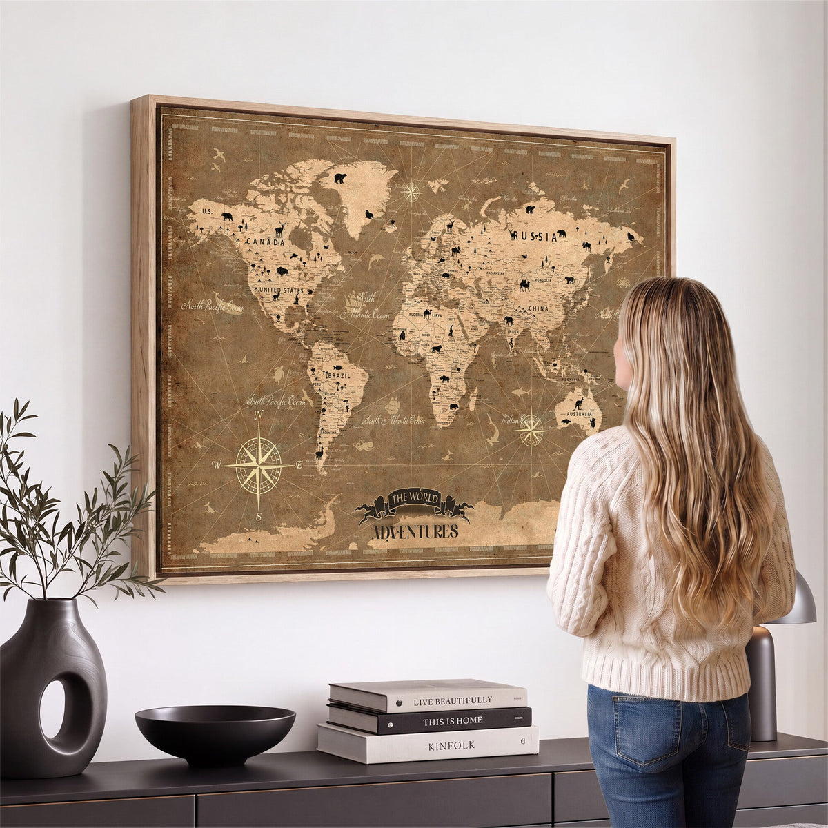 16235283-MGV-CV-36X24 - Custom World Travel Map Wall Art with Pins, Family Travel Tracker, Living Room and Bedroom Decor