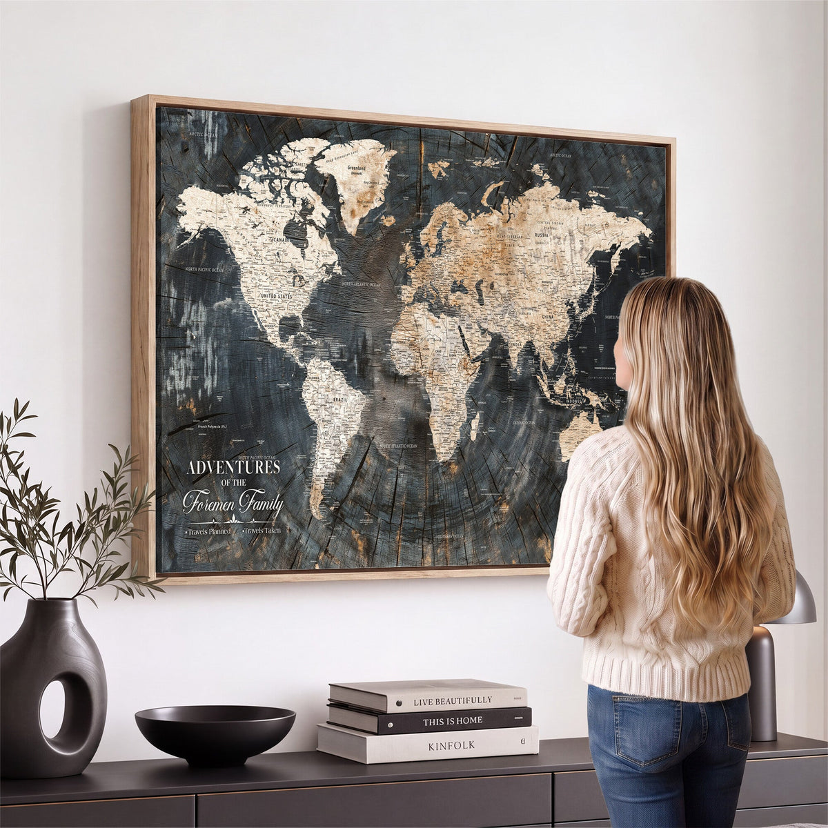Personalized Framed Beige Push Pin World Map Canvas Print, Bucket List Map, Living Room and Hallway Decor
