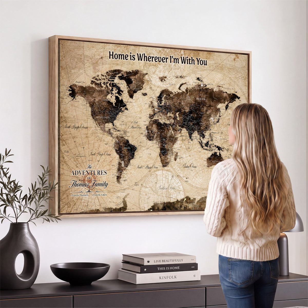 Personalized Framed Beige Modern World Travel Map Wall Art with Pins, Family Adventure Map, Living Room and Hallway Decor