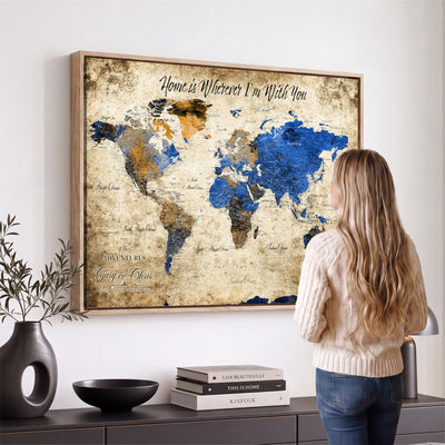 Personalized Framed Beige World Map Canvas with Push Pins, Honeymoon and Anniversary Gift, Living Room and Home Office Decor