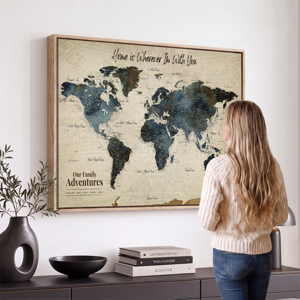 Personalized Framed Black Modern Push Pin Travel Map Canvas Print, Family Travel Tracker, Home Office and Entryway Decor