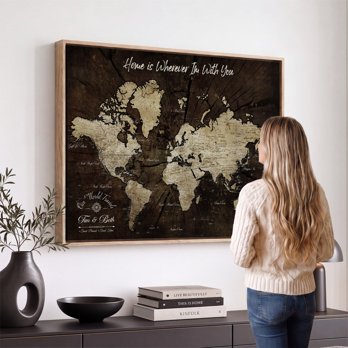 Personalized Watercolor Push Pin World Map Canvas Wall Art, Custom Framed Travel Map - NEWMAP-094