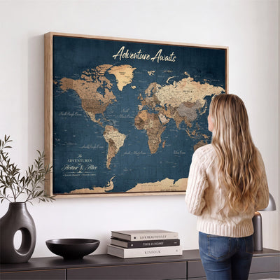 Personalized White Vintage World Travel Map Wall Art with Pins, Next Trip Planner Map, Family Room and Dining Room Decor