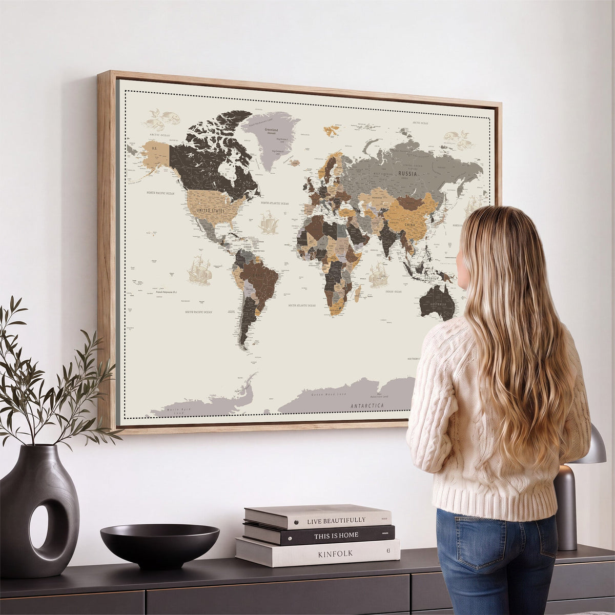 58777746-MGV-CV-36X24 - Custom Beige Modern Push Pin World Map Canvas Print, Places Visited Tracker, Bedroom and Study Decor