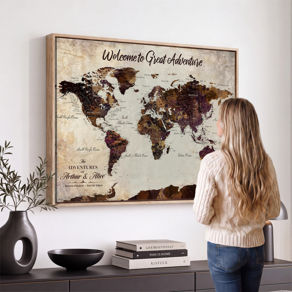 64110391126-MGV-CV-36X24 - Custom Beige World Travel Map Wall Art with Pins, Places Visited Tracker, Family Room and Entryway Decor
