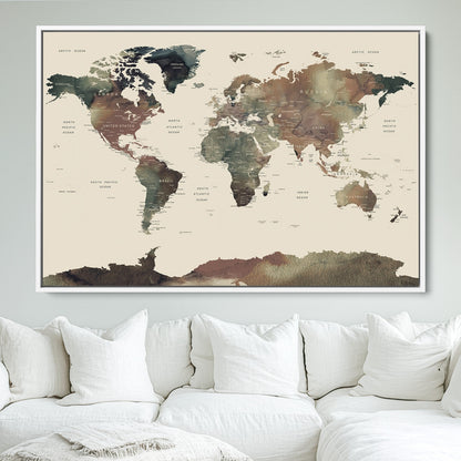 Push Pin World Map Canvas Print – Framed Wall Art for Couples to Track Their Travels – Anniversary Gift or Home Adventure Decor
