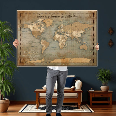97123877-MGV-CV-36X24 - Vintage Custom Push Pin World Map Print | Vintage Travel Map Canvas, Personalized Names Anniversary Gift, Places Visited Pin Board