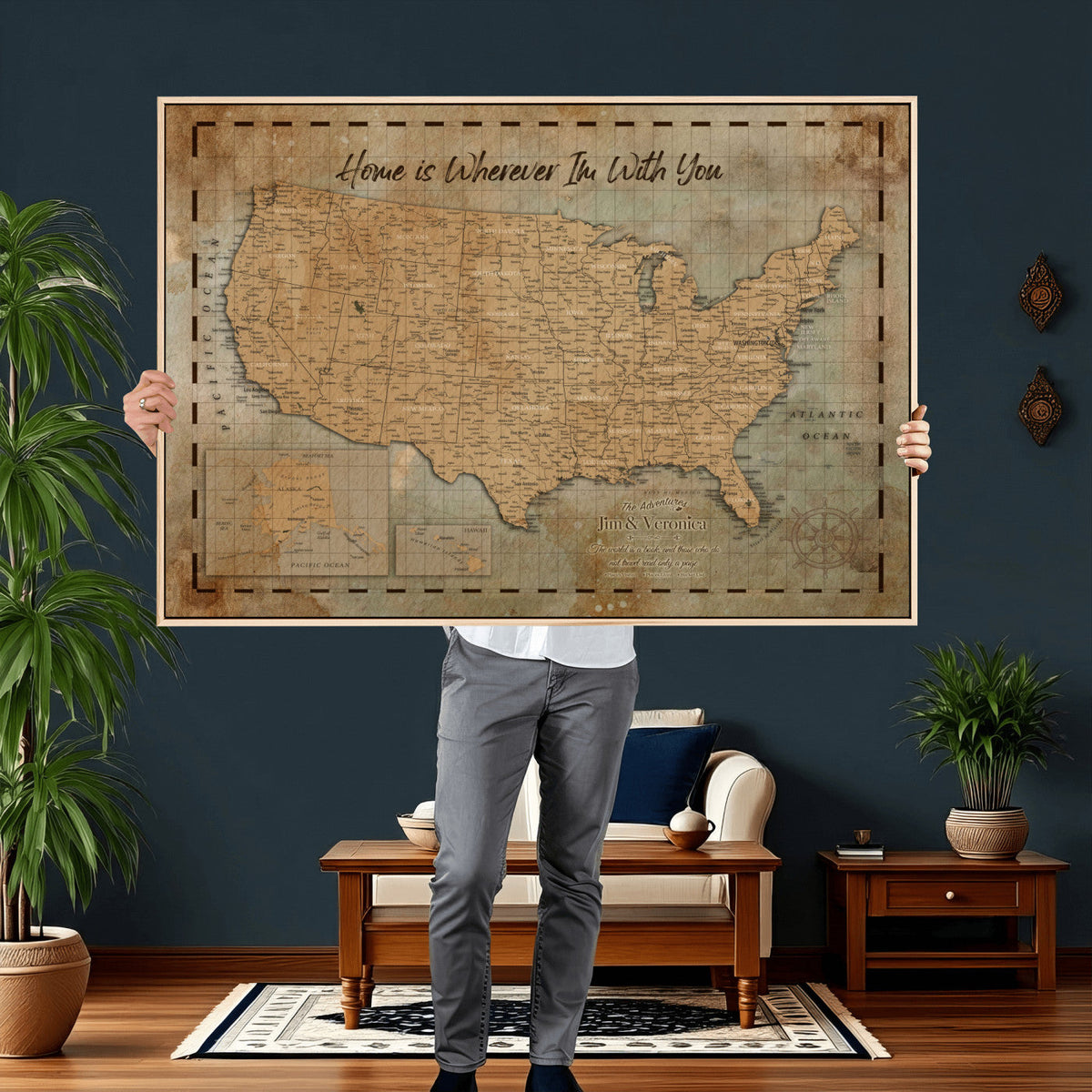 87620242-MGV-CV-36X24 - Personalized USA Push Pin Travel Map Wall Art Canvas Print | Custom United States Map | Push Pin Map - USA Bucket List Map