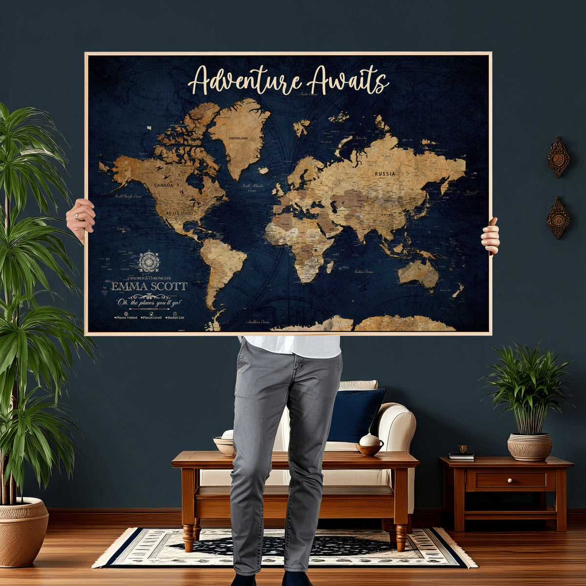 44399597-MGV-CV-36X24 - Custom Push Pin World Map Canvas Print | Personalized Travel Map Wall Art
