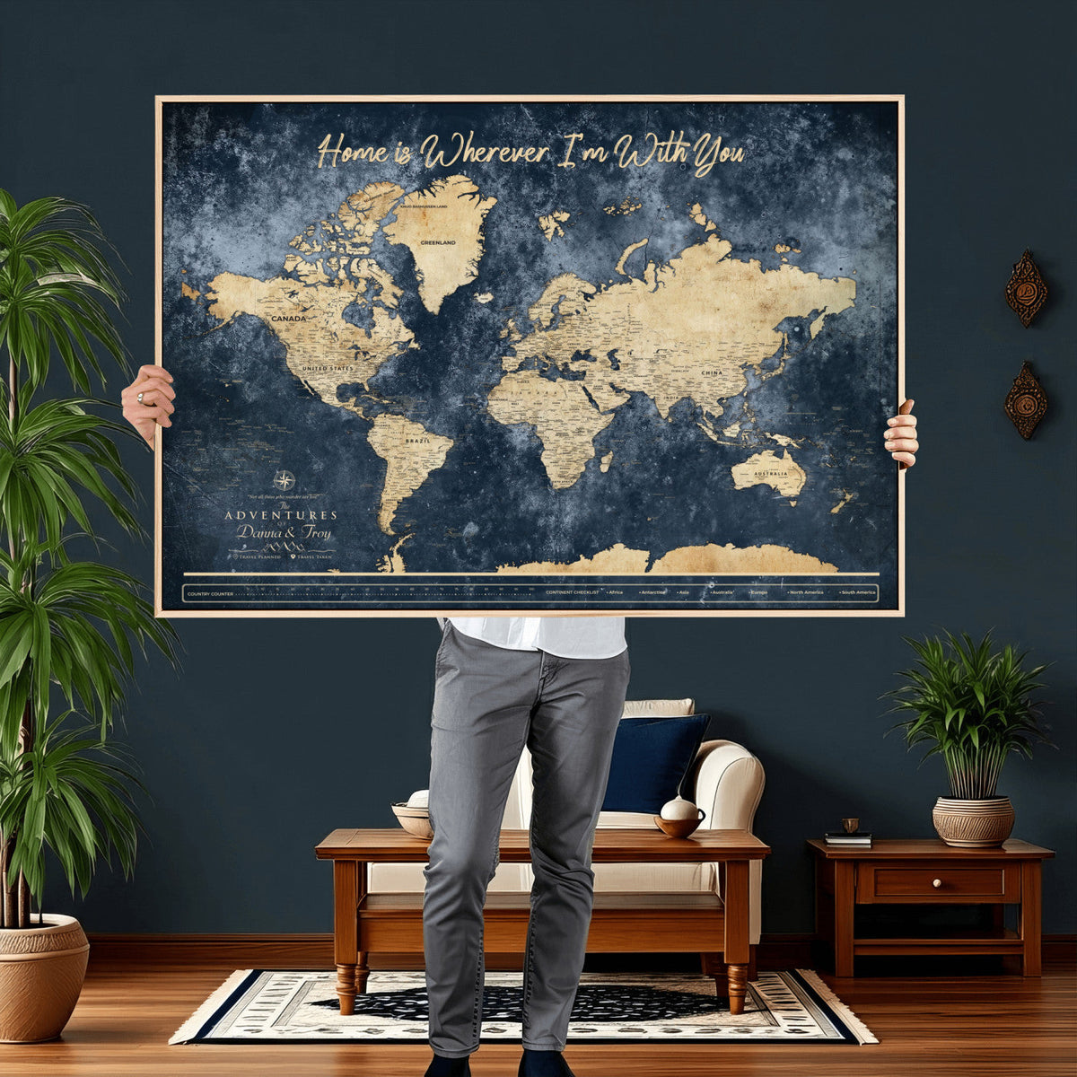 400867BL-MGV-CV-36X24 - Framed Blue Custom Push Pin World Map Canvas Print | Personalized Travel Map Wall Art